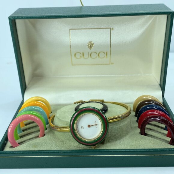 Gucci Change Bezel 12 Colors White & Gold Women's Watch Plating Quartz Box GS405 - Picture 1 of 10